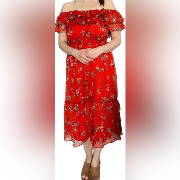 Zara Off-Shoulder Chiffon Floral Midi Dress size M - Picture 2 of 11